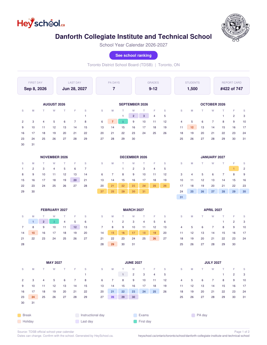 Danforth Collegiate Institute and Technical School School Year Calendar 2026-2027