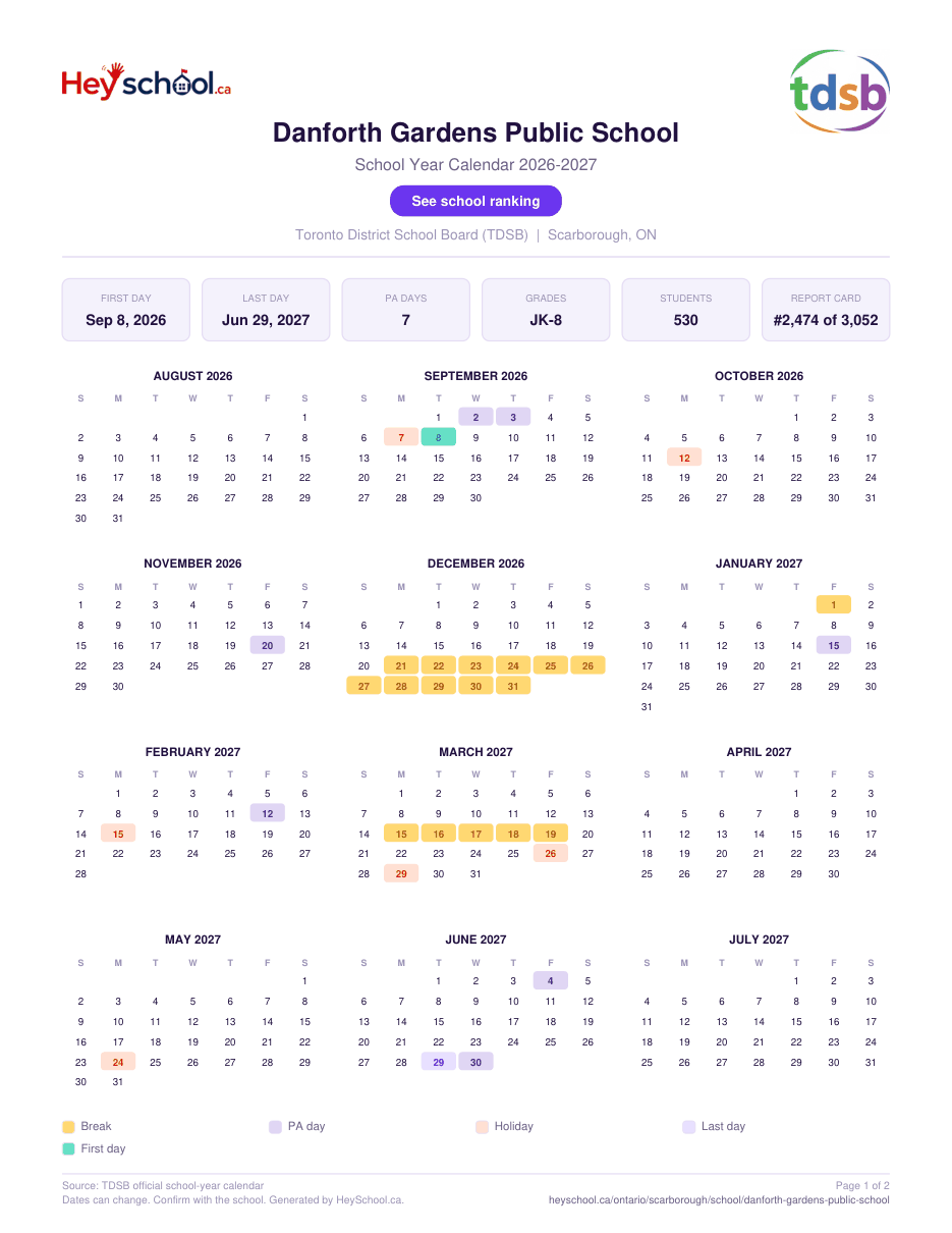Danforth Gardens Public School School Year Calendar 2026-2027