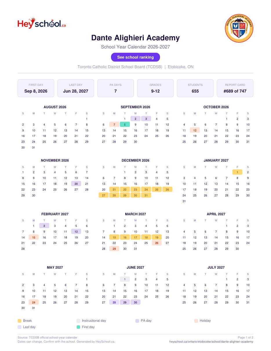 Dante Alighieri Academy School Year Calendar 2026-2027