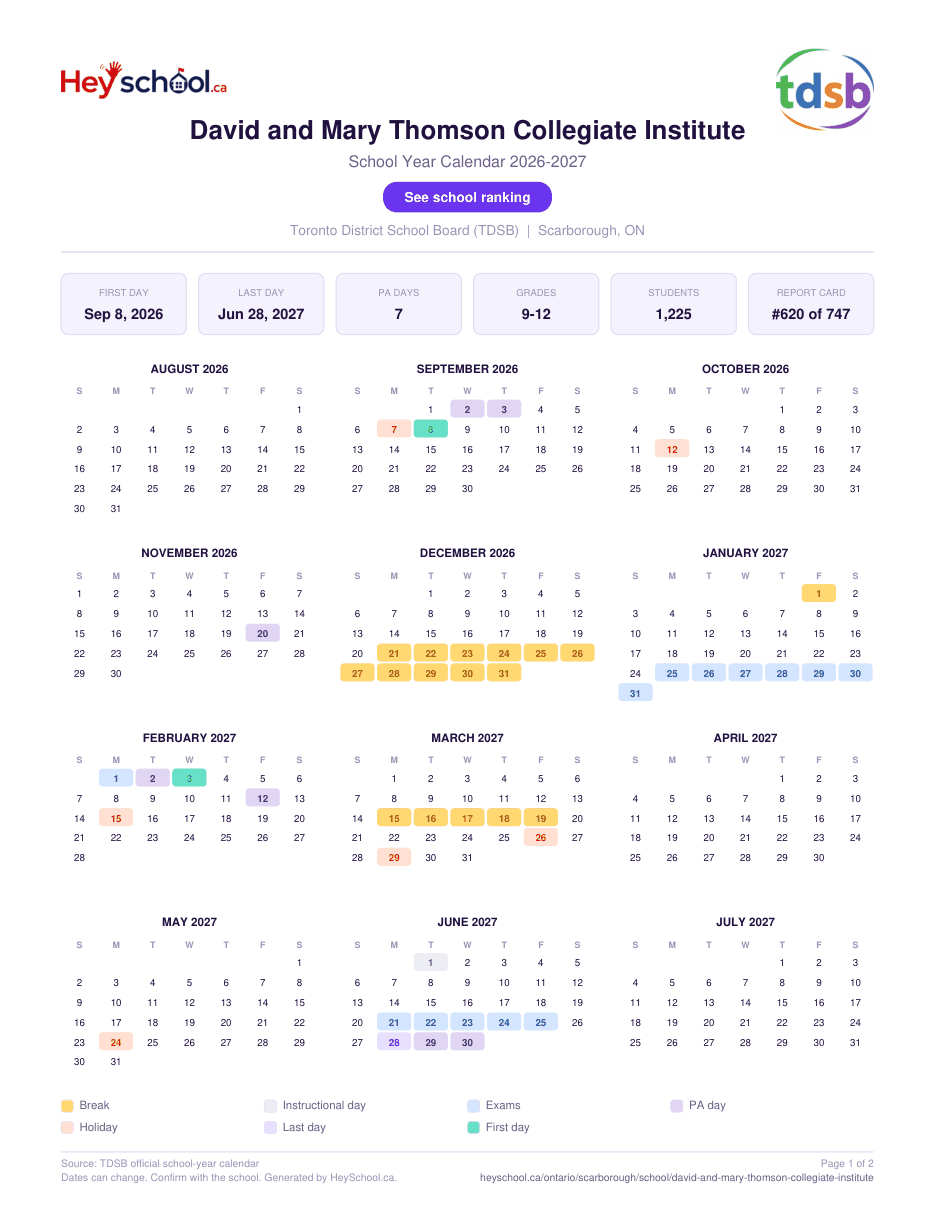 David and Mary Thomson Collegiate Institute School Year Calendar 2026-2027