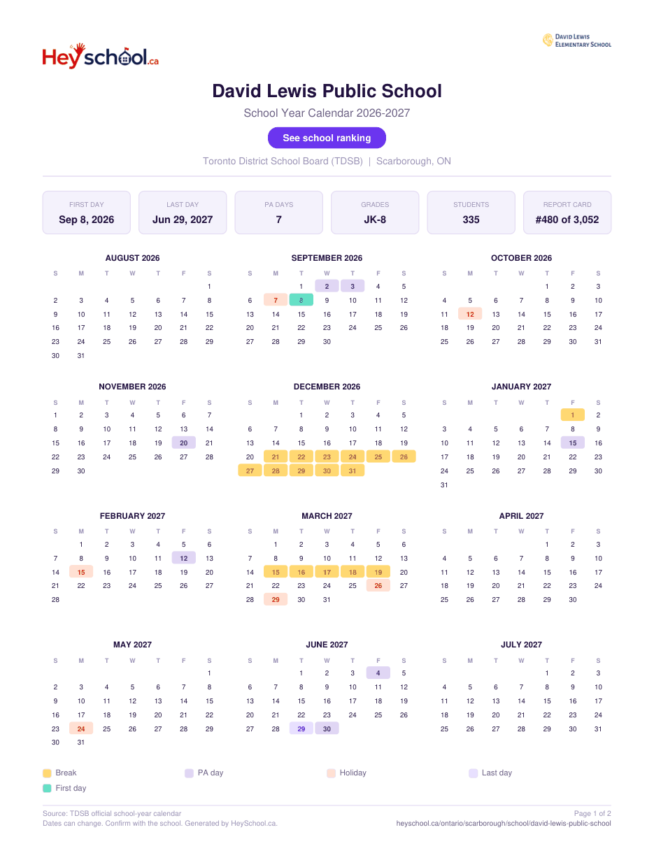 David Lewis Public School School Year Calendar 2026-2027