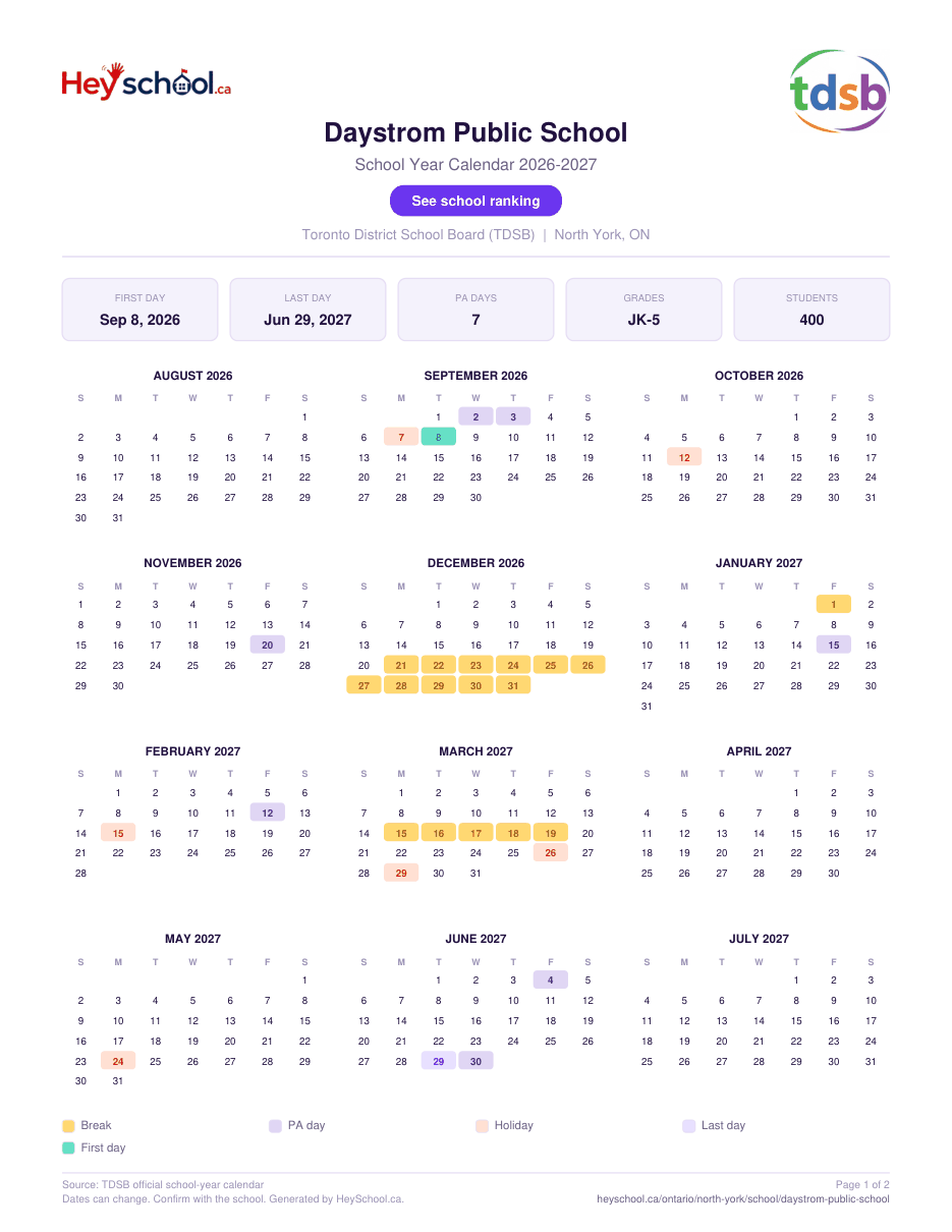Daystrom Public School School Year Calendar 2026-2027