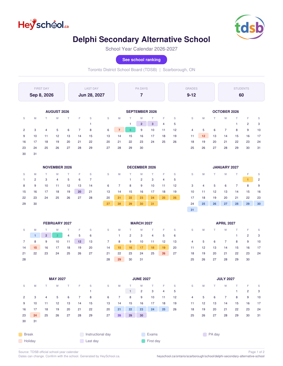 Delphi Secondary Alternative School School Year Calendar 2026-2027