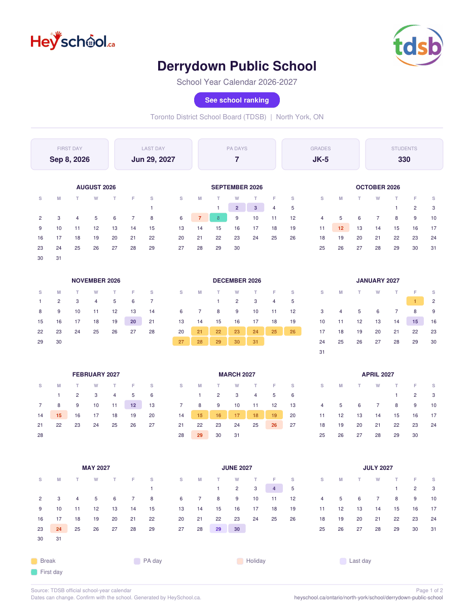 Derrydown Public School School Year Calendar 2026-2027