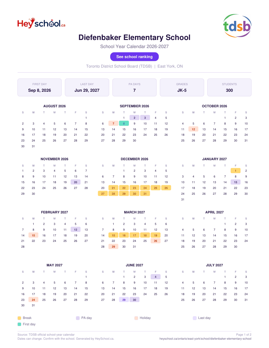 Diefenbaker Elementary School School Year Calendar 2026-2027