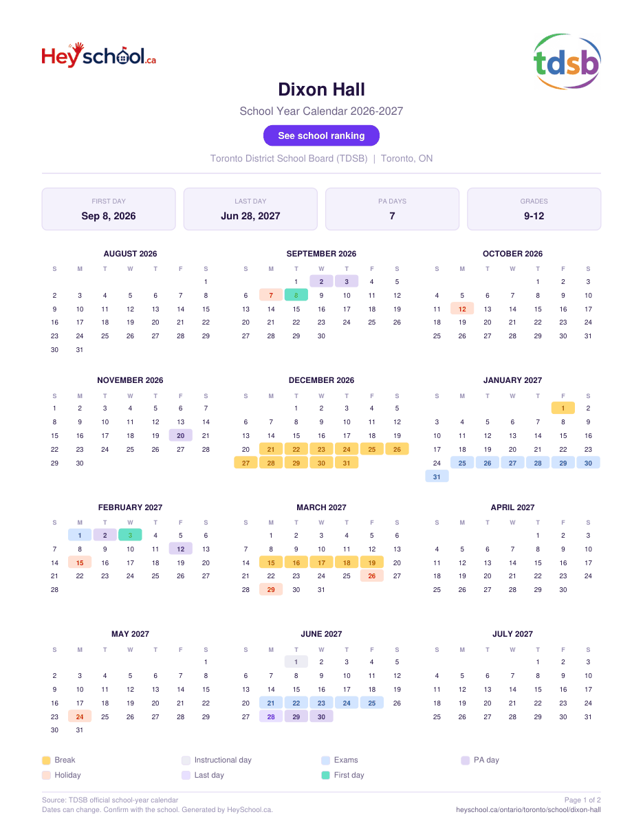 Dixon Hall School Year Calendar 2026-2027