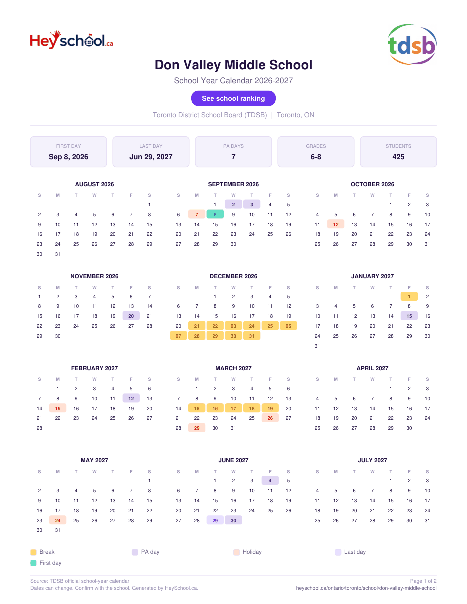 Don Valley Middle School School Year Calendar 2026-2027