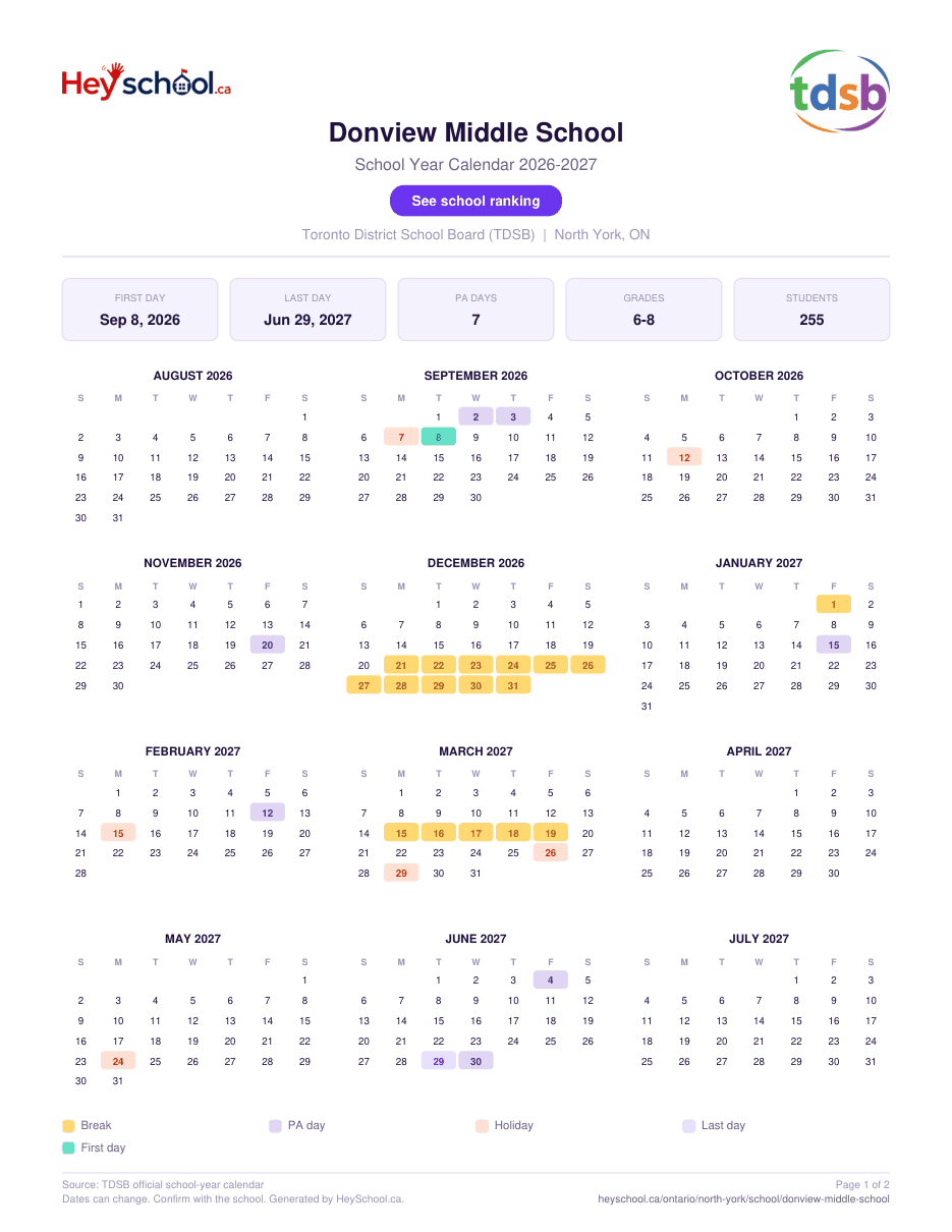 Donview Middle School School Year Calendar 2026-2027