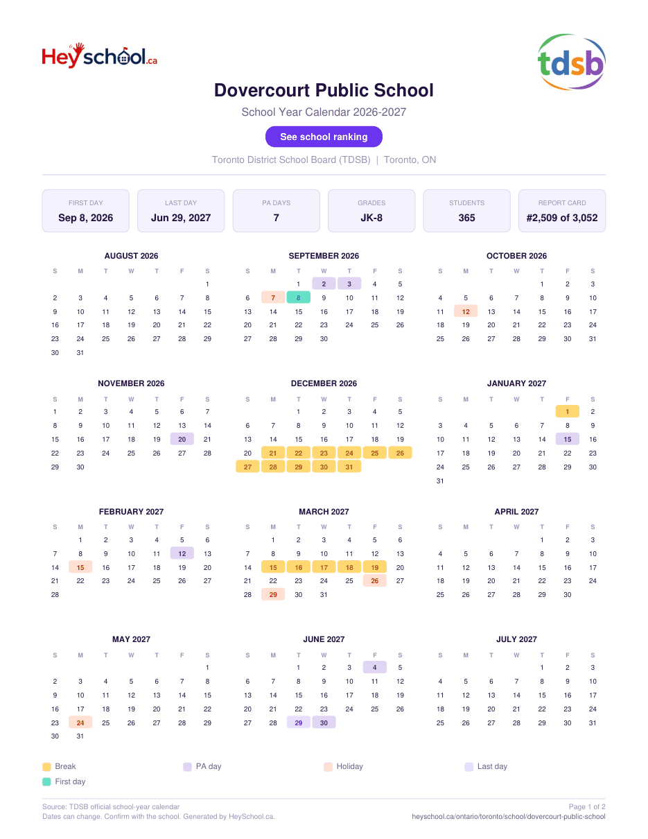 Dovercourt Public School School Year Calendar 2026-2027