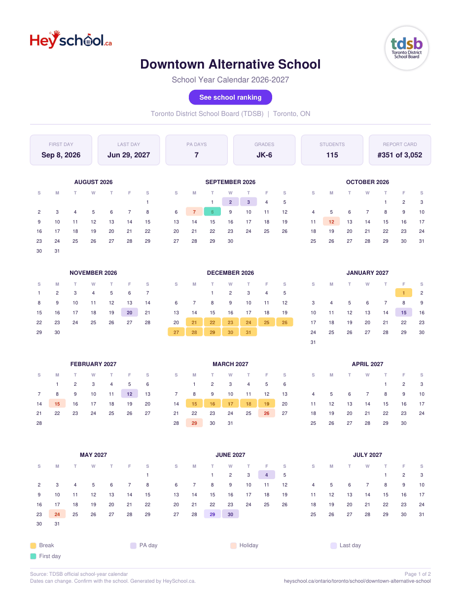 Downtown Alternative School School Year Calendar 2026-2027