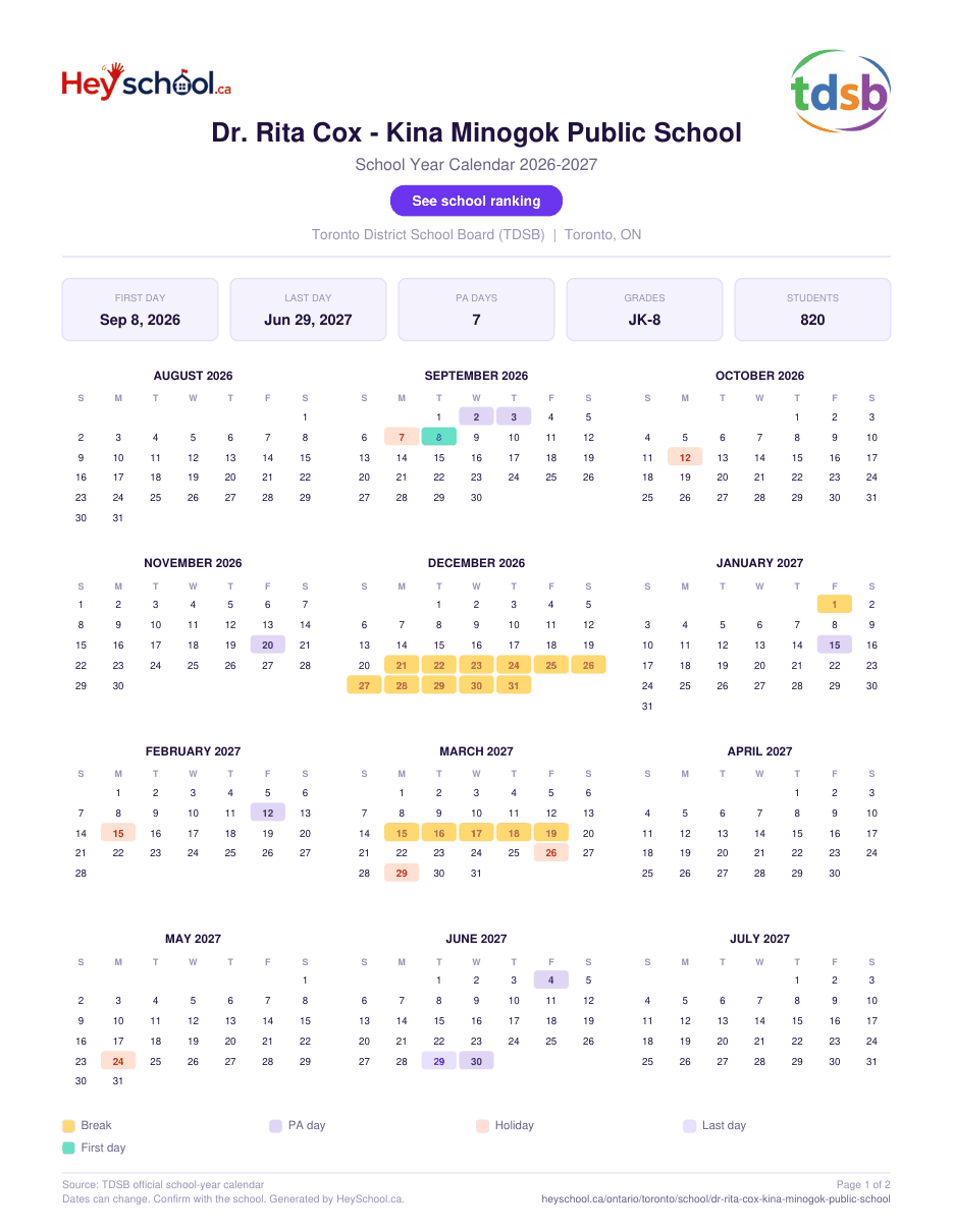 Dr. Rita Cox - Kina Minogok Public School School Year Calendar 2026-2027