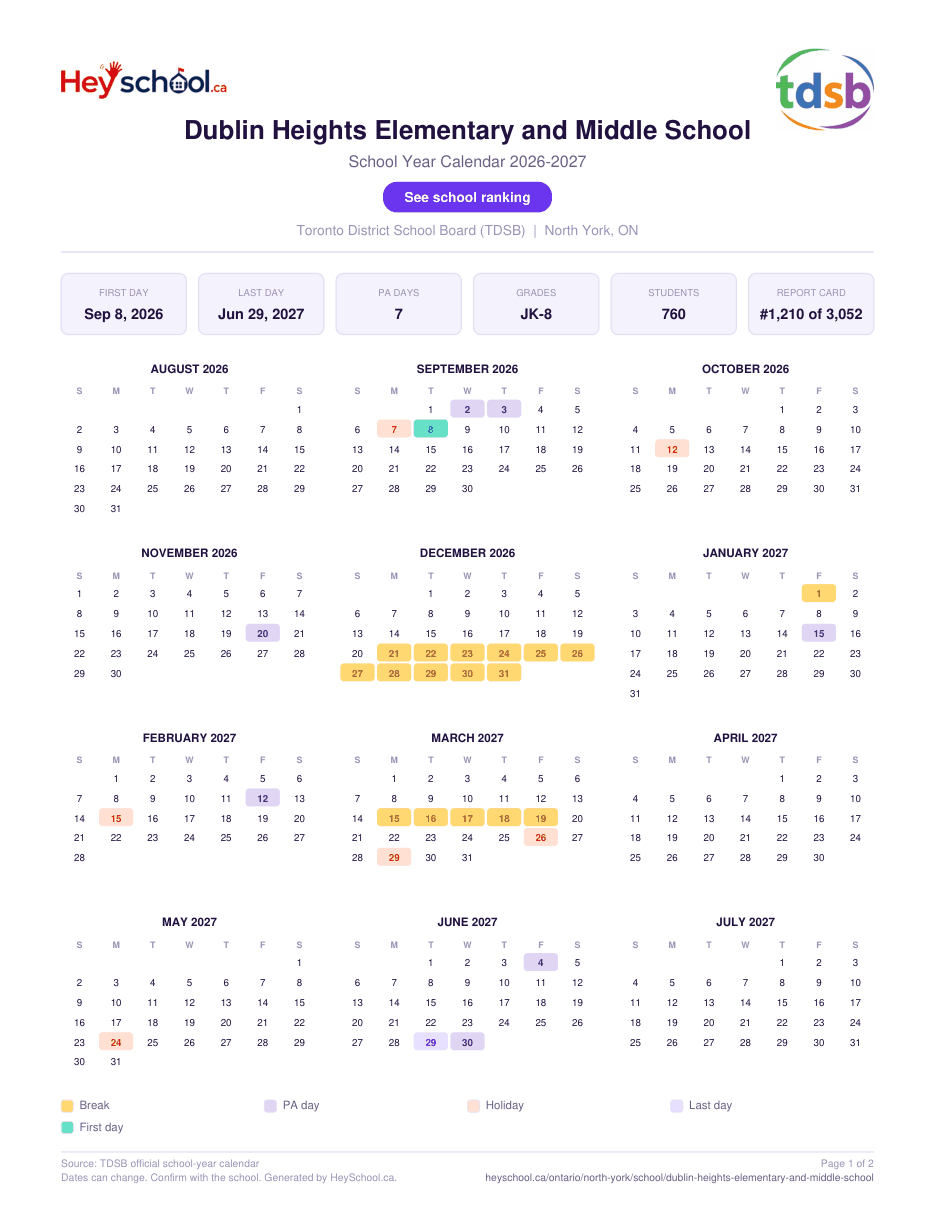 Dublin Heights Elementary and Middle School School Year Calendar 2026-2027