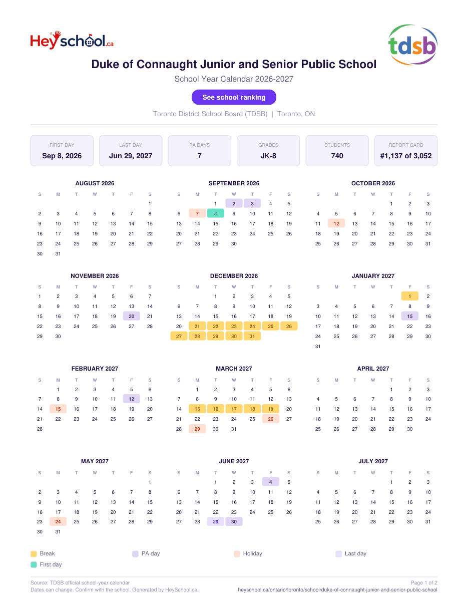 Duke of Connaught Junior and Senior Public School School Year Calendar 2026-2027