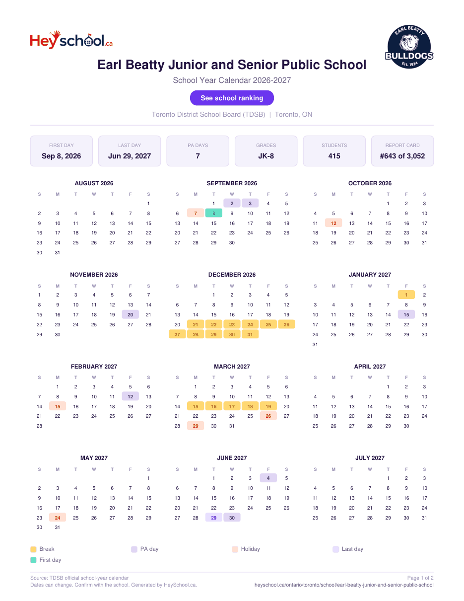Earl Beatty Junior and Senior Public School School Year Calendar 2026-2027