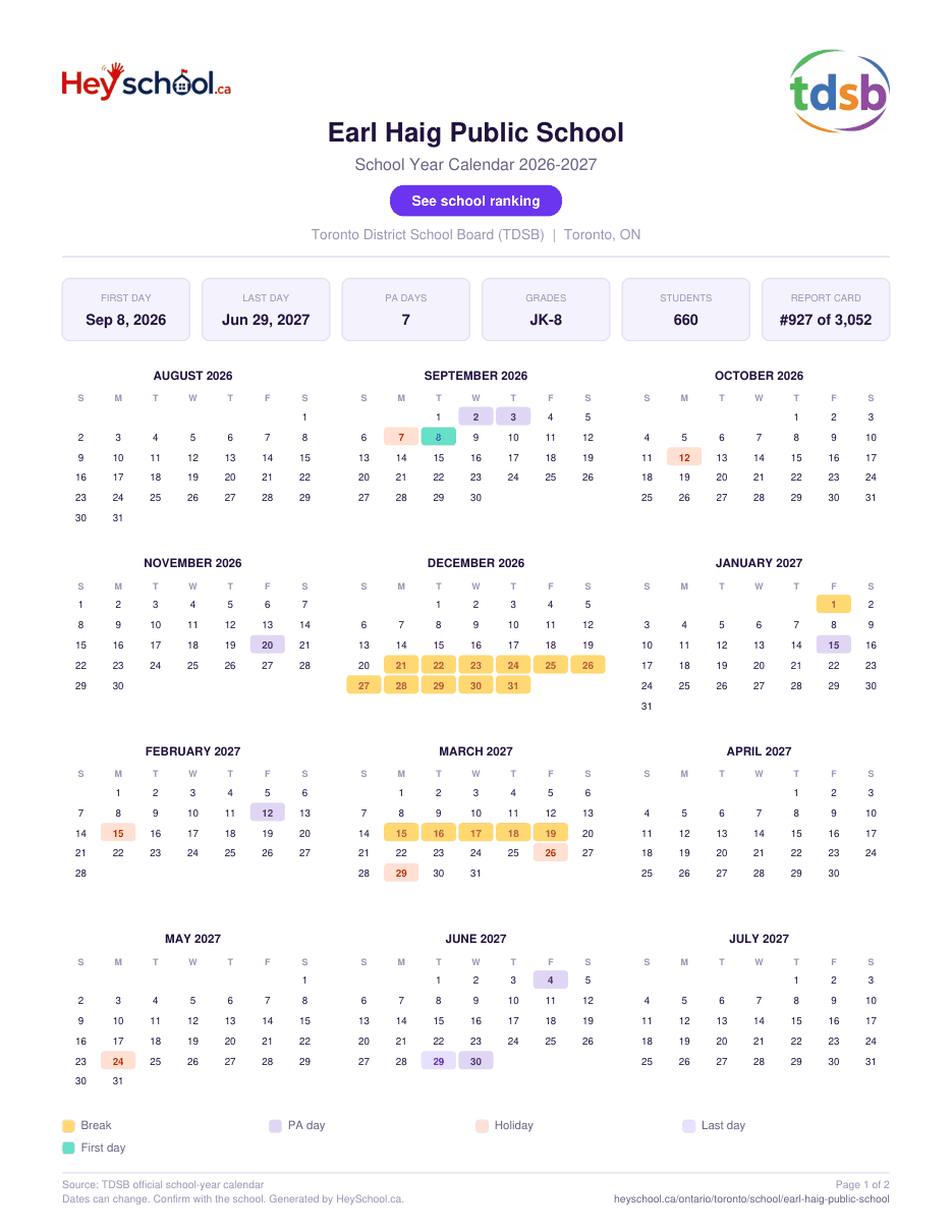 Earl Haig Public School School Year Calendar 2026-2027