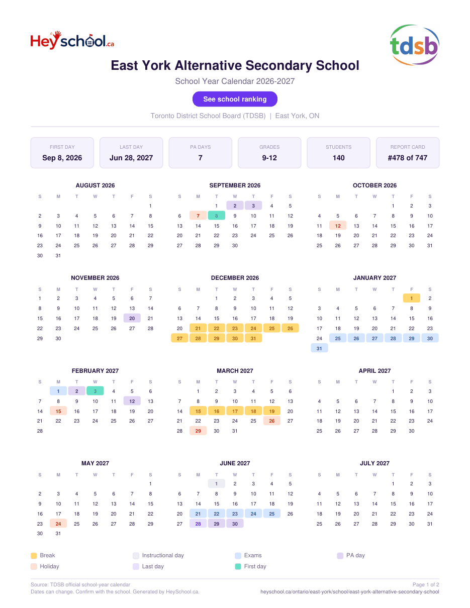 East York Alternative Secondary School School Year Calendar 2026-2027