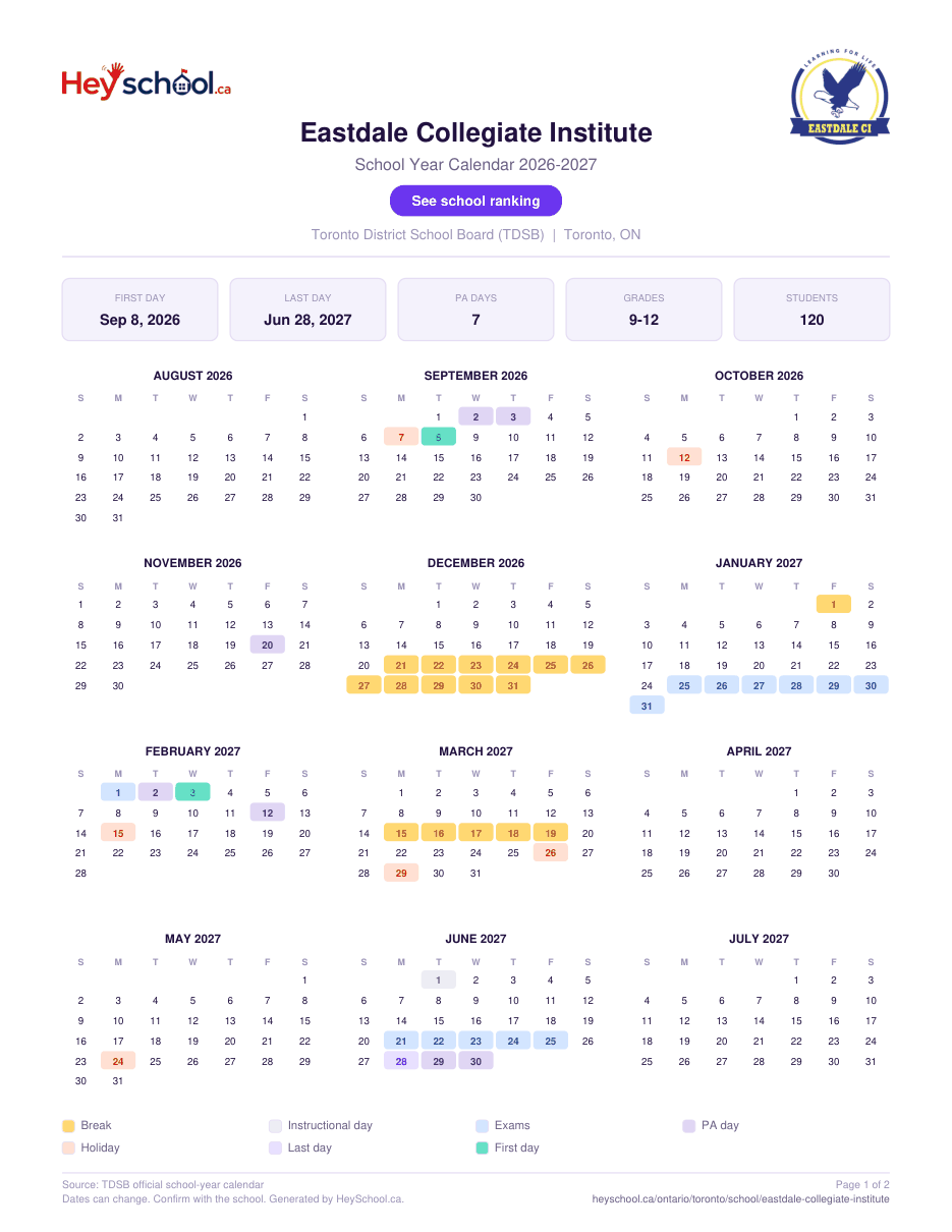 Eastdale Collegiate Institute School Year Calendar 2026-2027