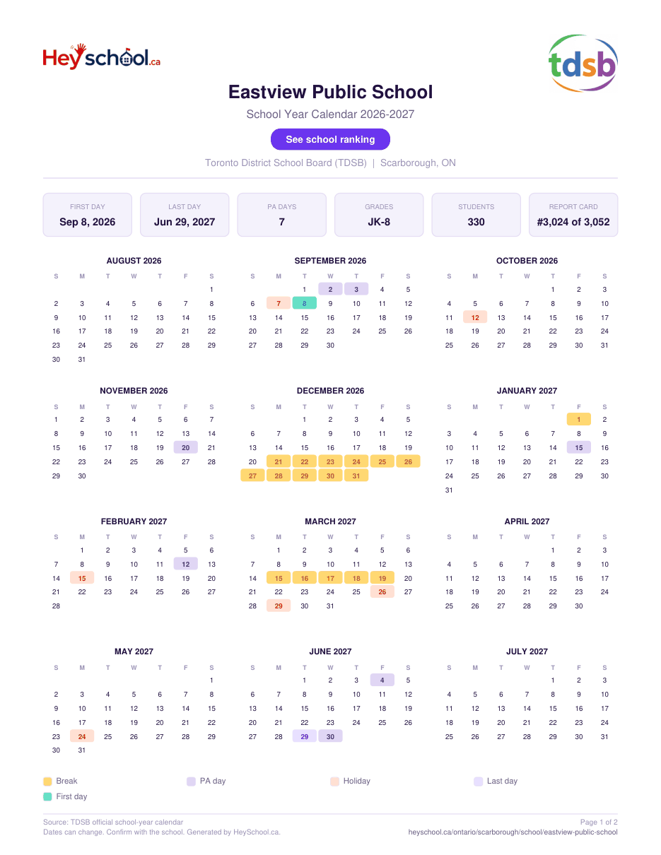Eastview Public School School Year Calendar 2026-2027