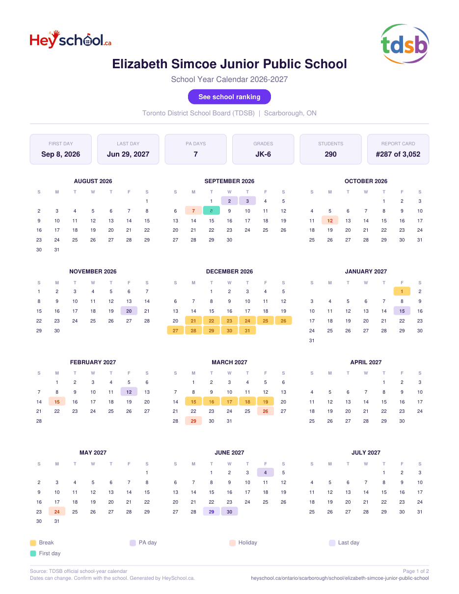Elizabeth Simcoe Junior Public School School Year Calendar 2026-2027