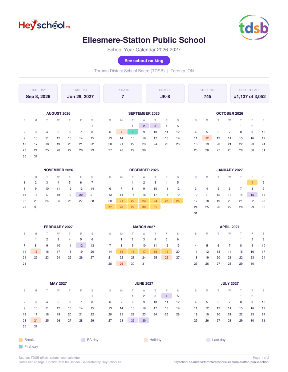 Ellesmere-Statton Public School School Year Calendar 2026-2027