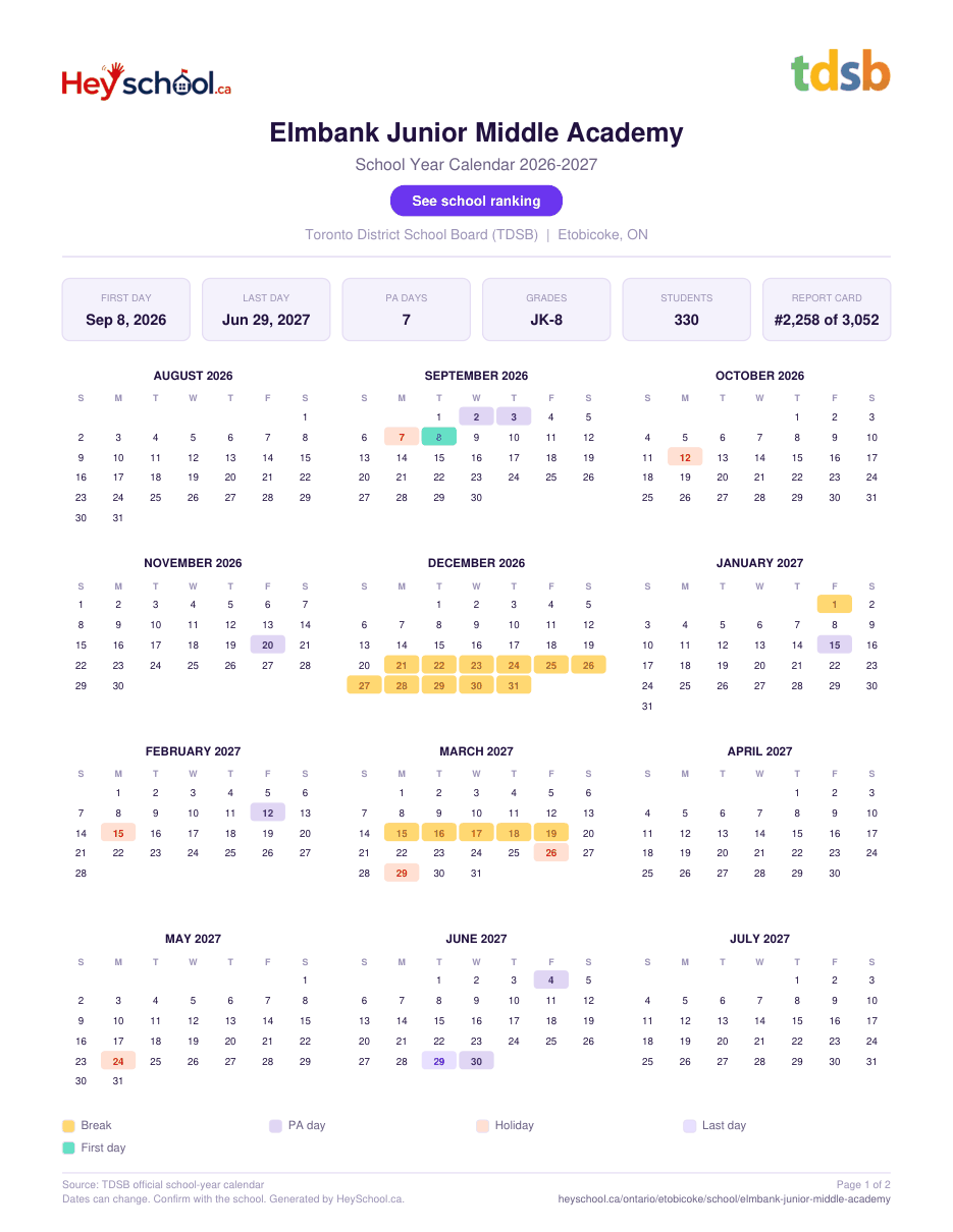 Elmbank Junior Middle Academy School Year Calendar 2026-2027