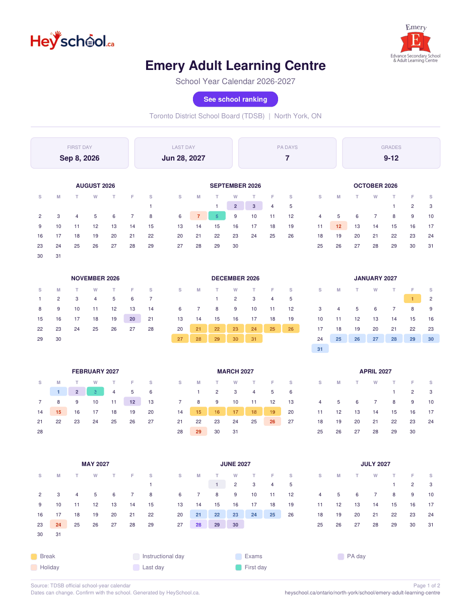 Emery Adult Learning Centre School Year Calendar 2026-2027