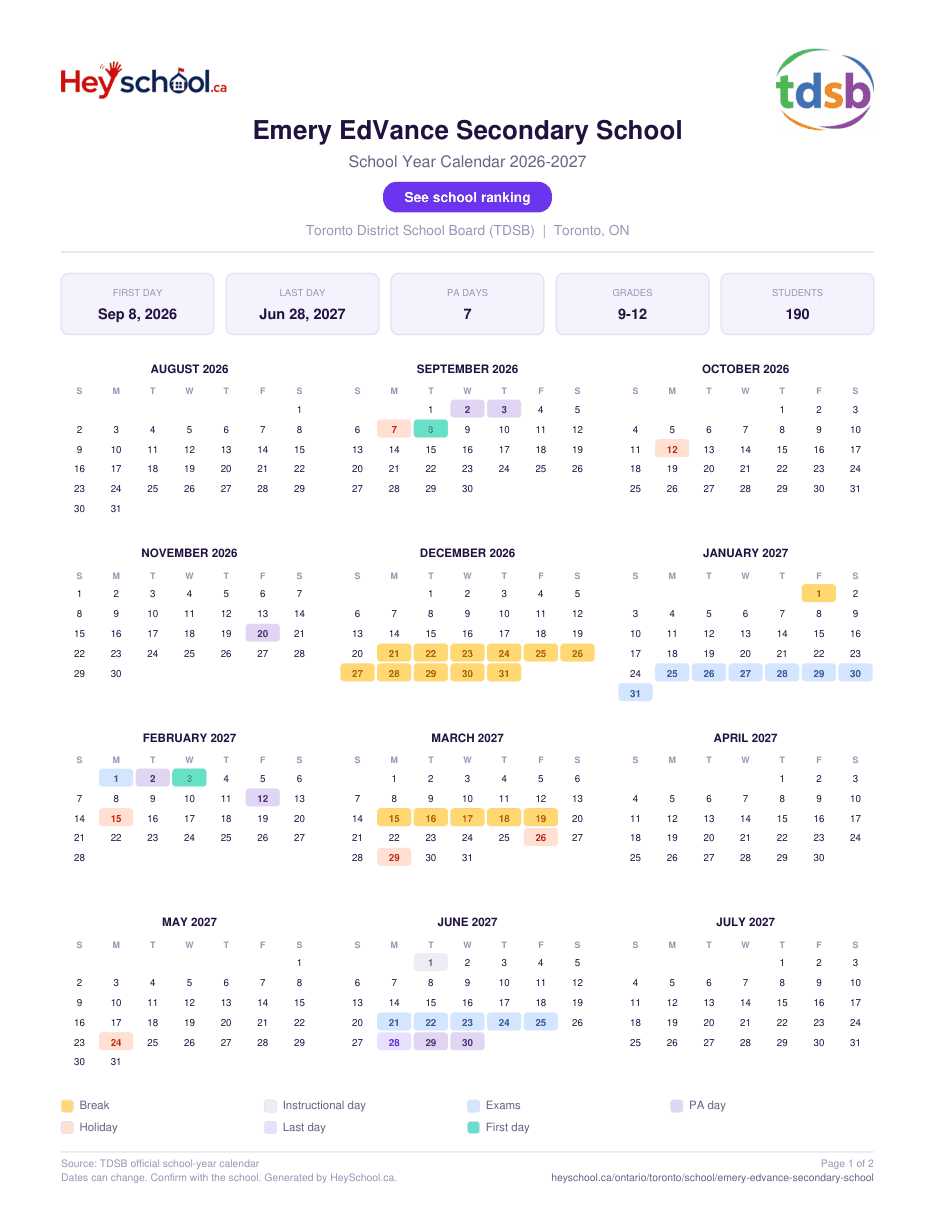 Emery EdVance Secondary School School Year Calendar 2026-2027