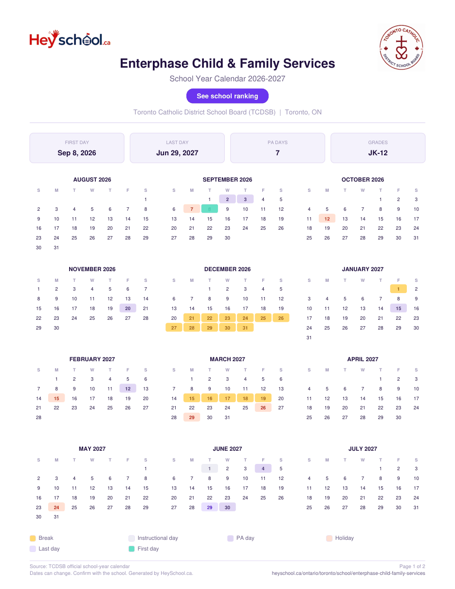Enterphase Child & Family Services School Year Calendar 2026-2027