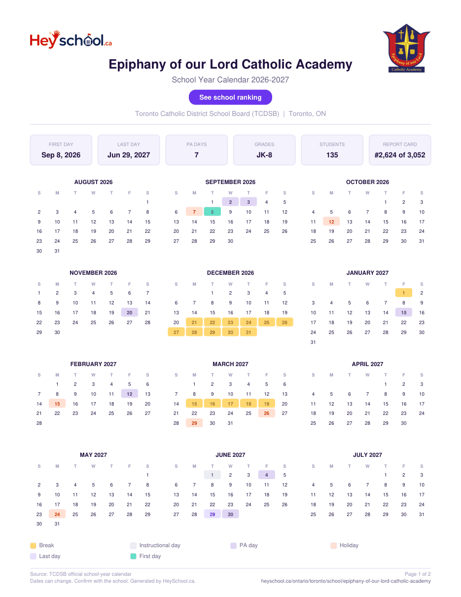 Epiphany of our Lord Catholic Academy School Year Calendar 2026-2027