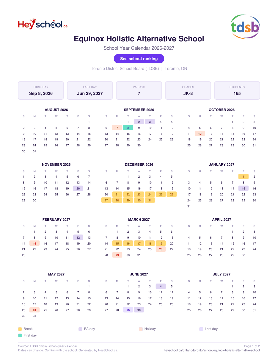 Equinox Holistic Alternative School School Year Calendar 2026-2027