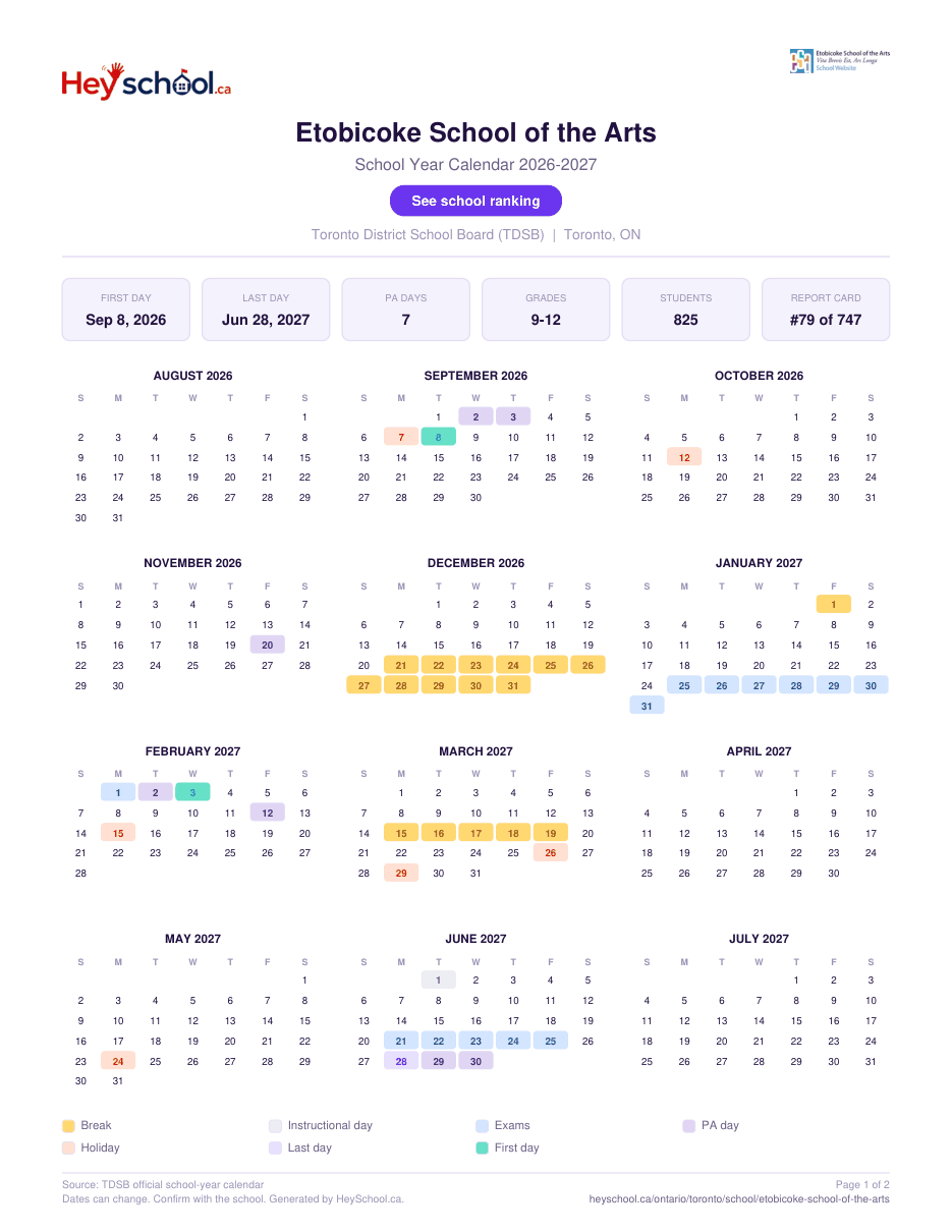 Etobicoke School of the Arts School Year Calendar 2026-2027