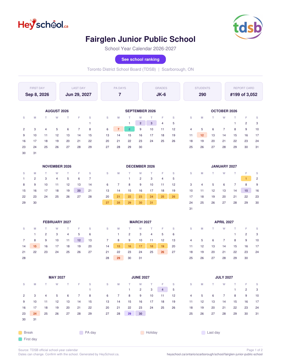 Fairglen Junior Public School School Year Calendar 2026-2027