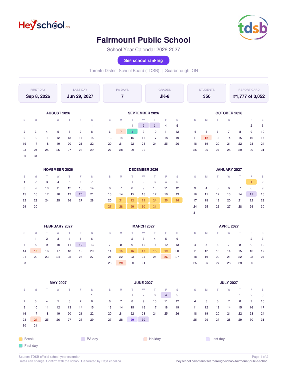 Fairmount Public School School Year Calendar 2026-2027