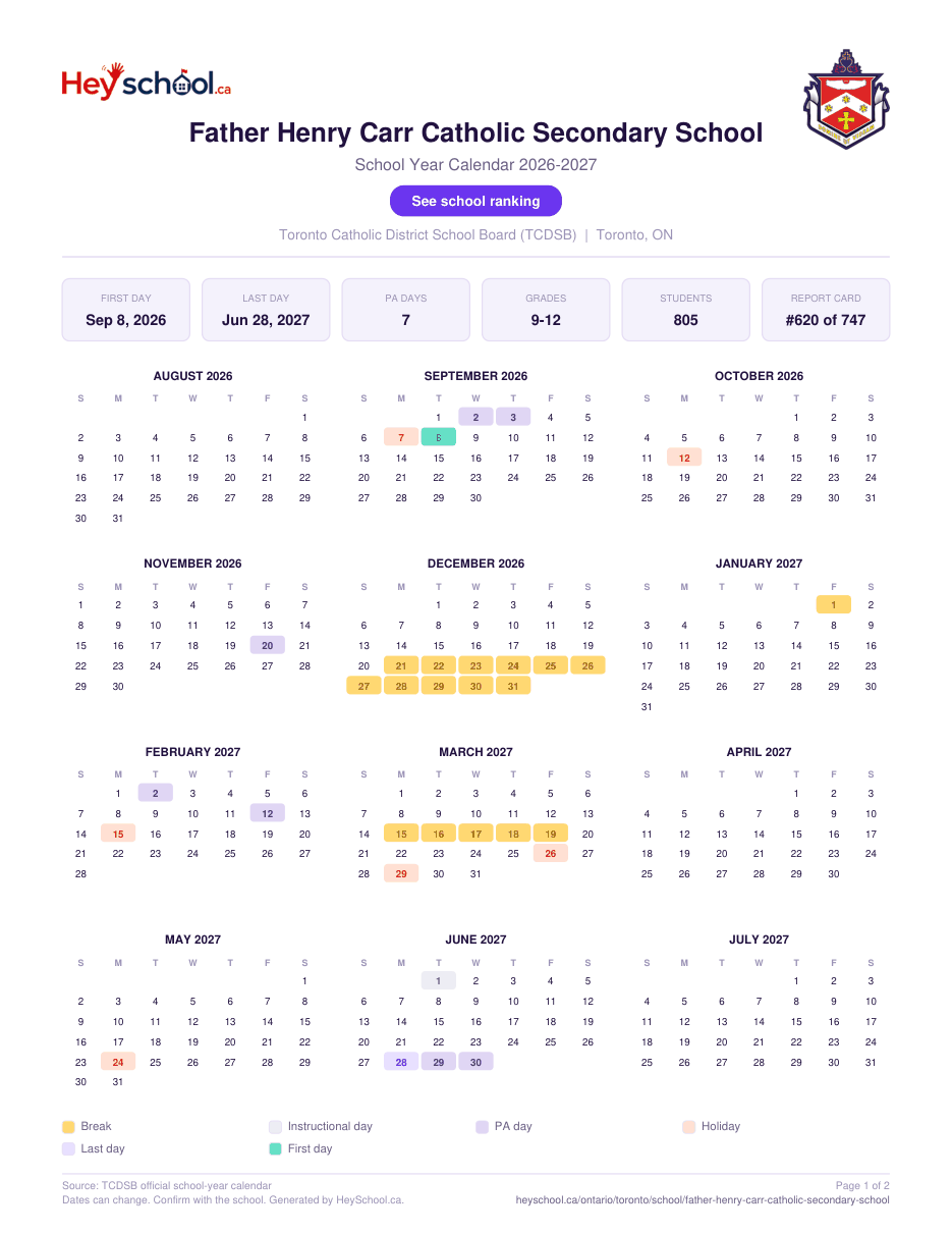 Father Henry Carr Catholic Secondary School School Year Calendar 2026-2027