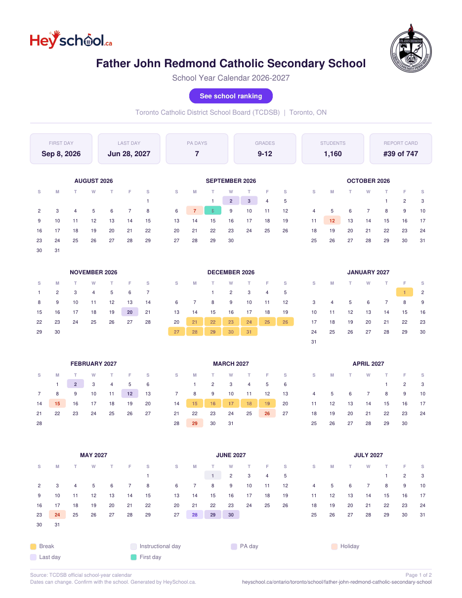 Father John Redmond Catholic Secondary School School Year Calendar 2026-2027