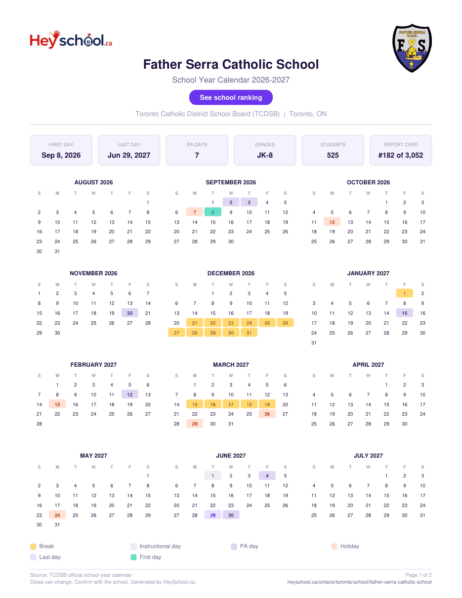Father Serra Catholic School School Year Calendar 2026-2027
