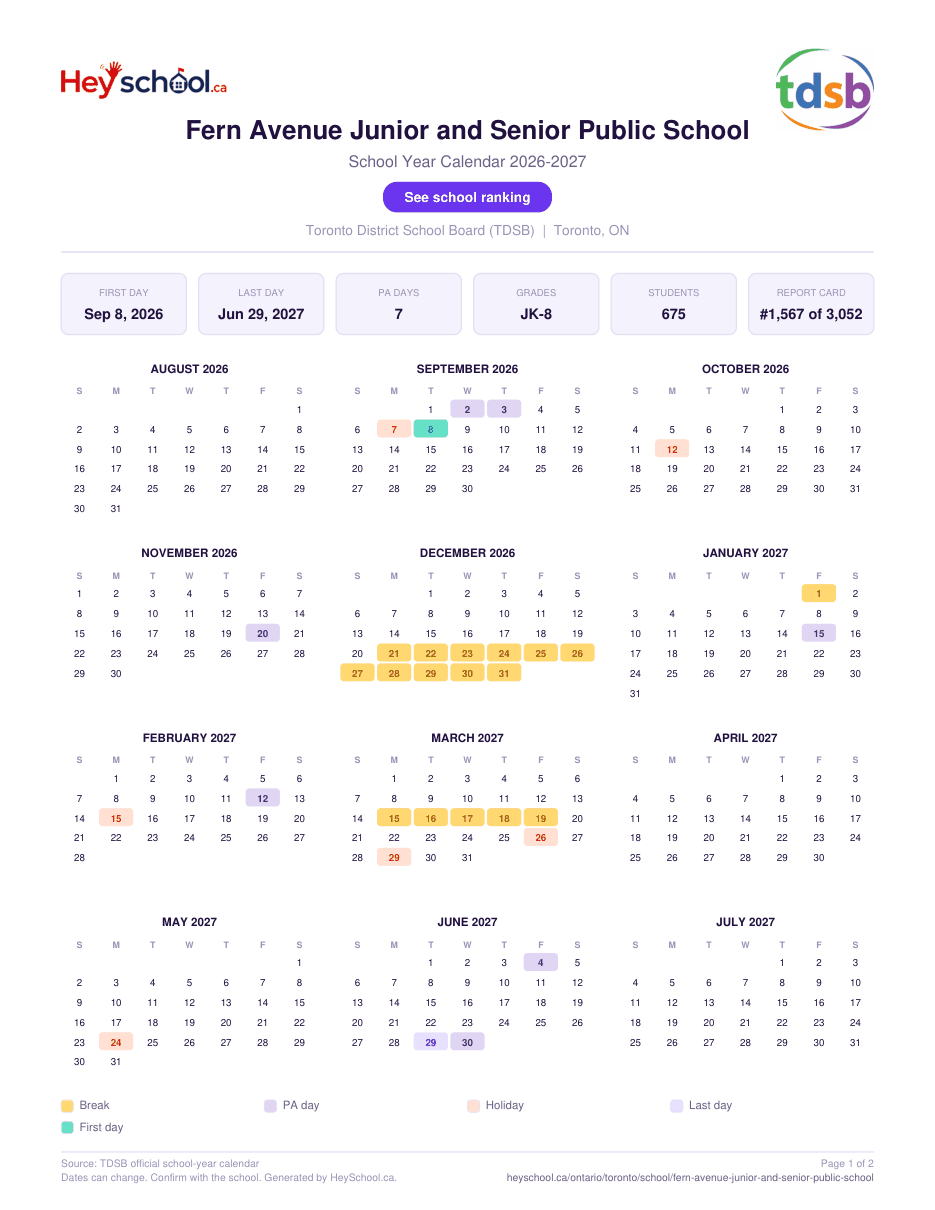 Fern Avenue Junior and Senior Public School School Year Calendar 2026-2027