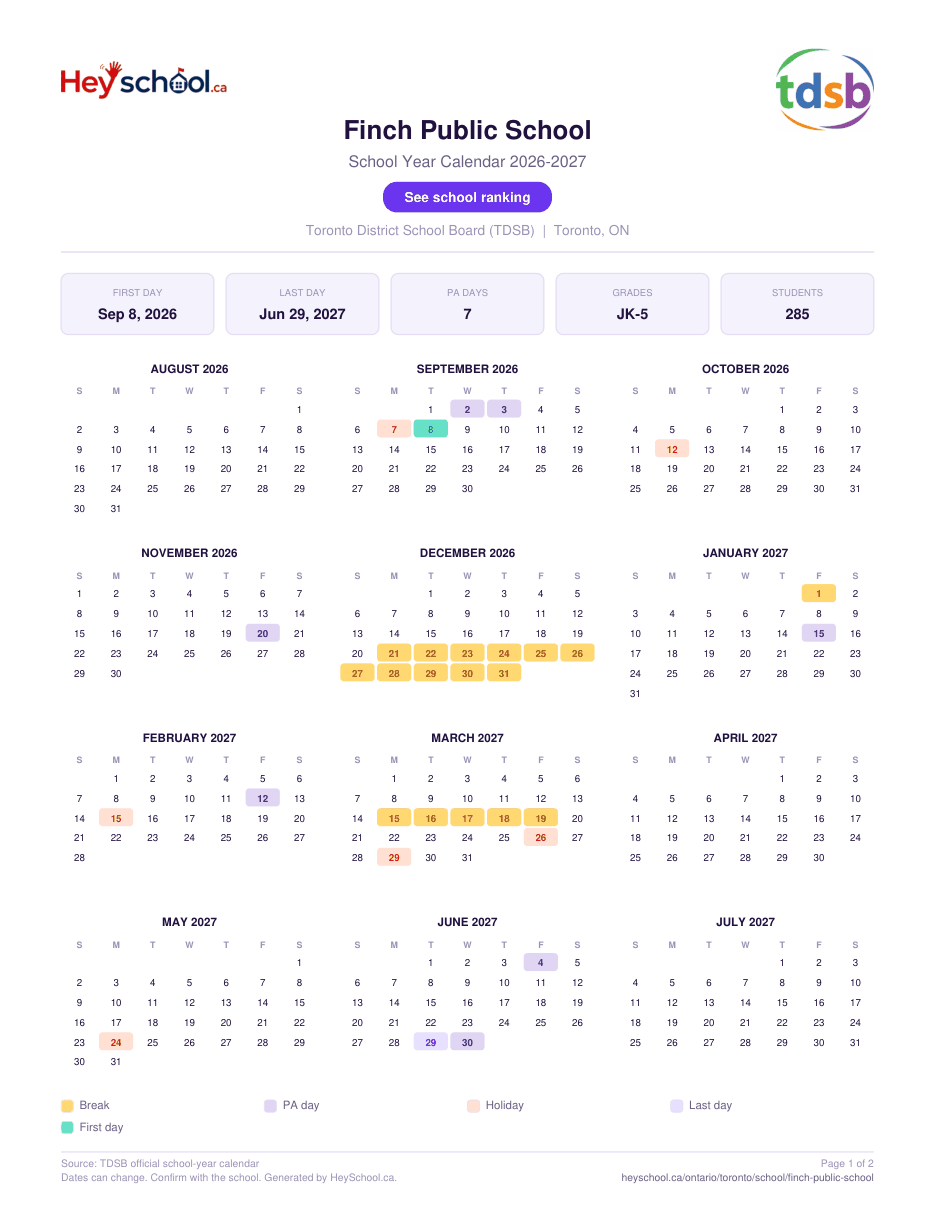 Finch Public School School Year Calendar 2026-2027