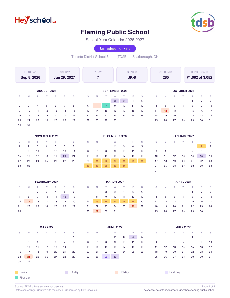 Fleming Public School School Year Calendar 2026-2027