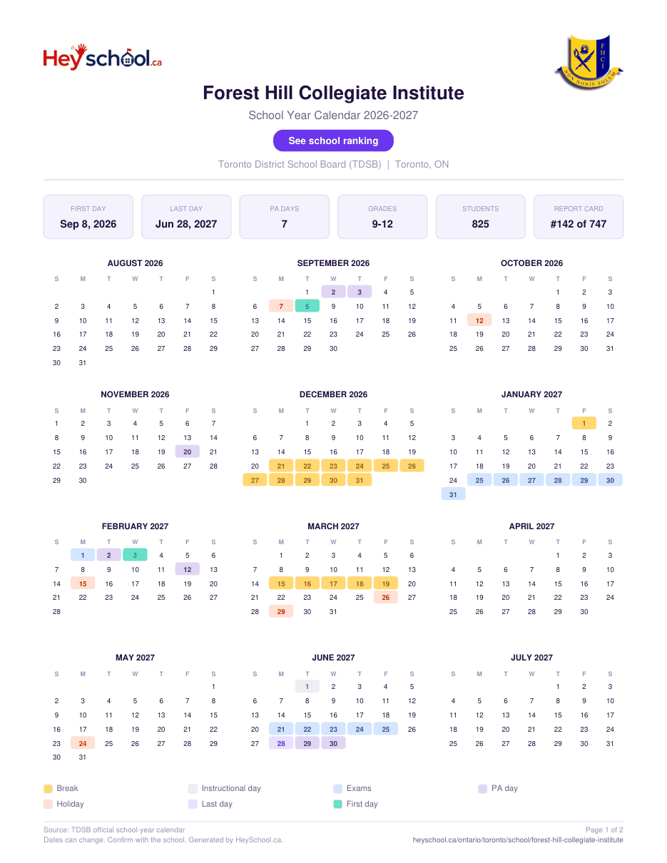 Forest Hill Collegiate Institute School Year Calendar 2026-2027