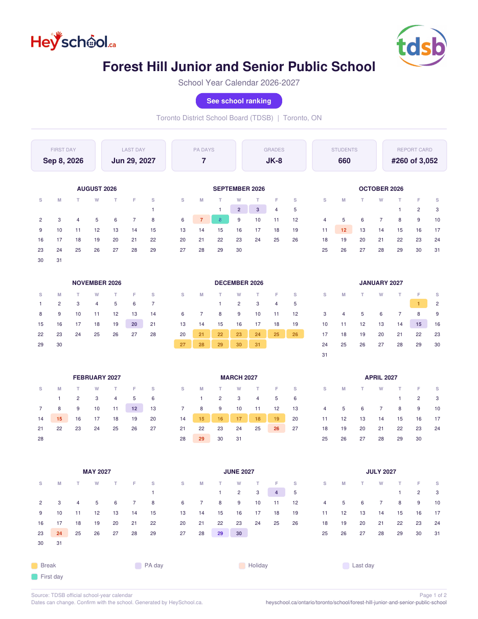 Forest Hill Junior and Senior Public School School Year Calendar 2026-2027