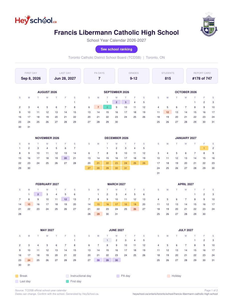 Francis Libermann Catholic High School School Year Calendar 2026-2027