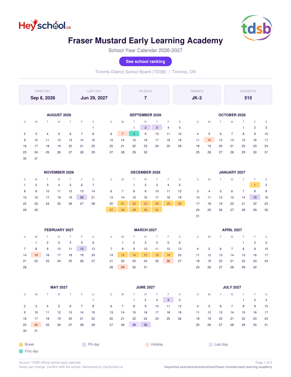 Fraser Mustard Early Learning Academy School Year Calendar 2026-2027