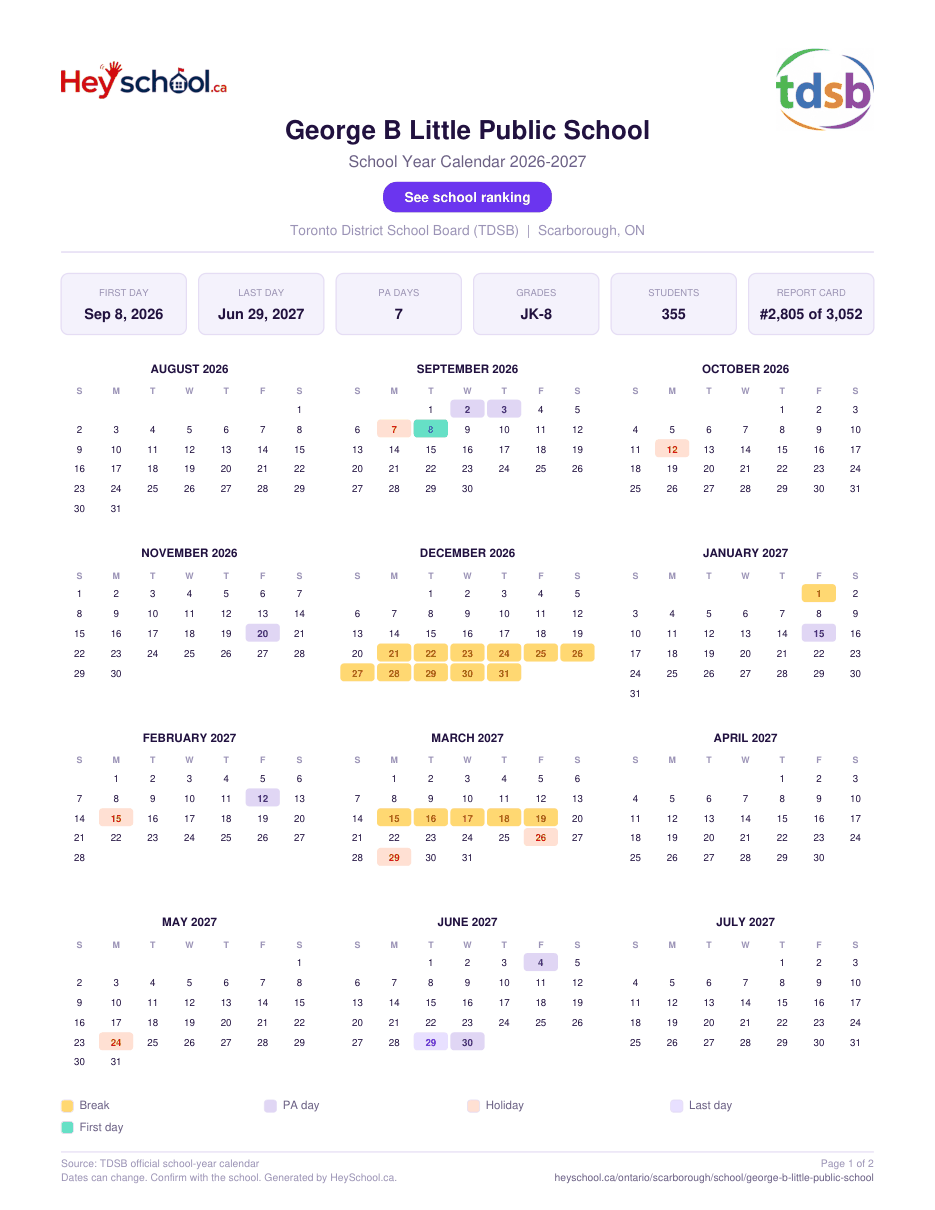 George B Little Public School School Year Calendar 2026-2027