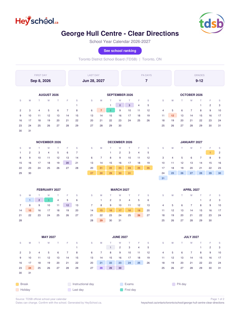 George Hull Centre - Clear Directions School Year Calendar 2026-2027
