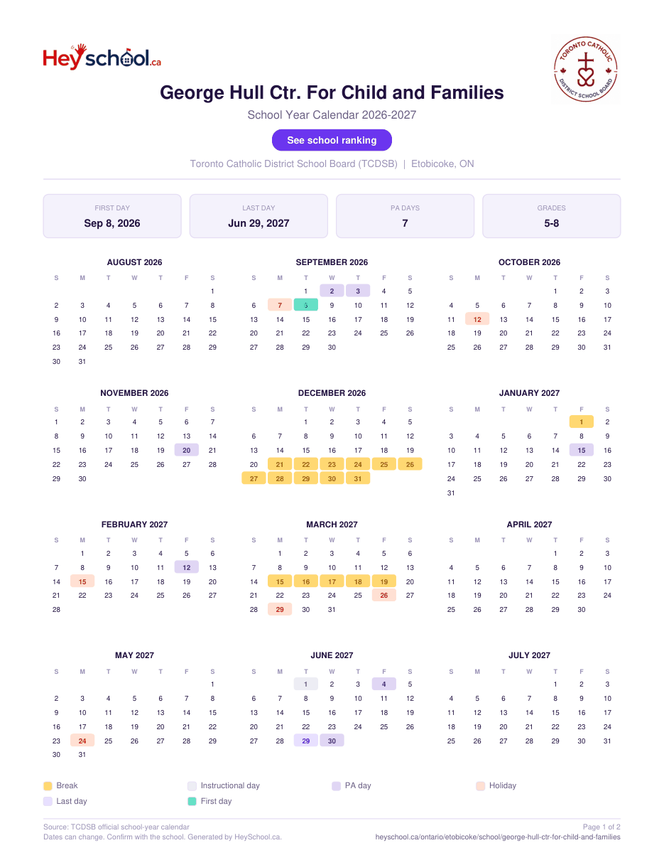 George Hull Ctr. For Child and Families School Year Calendar 2026-2027