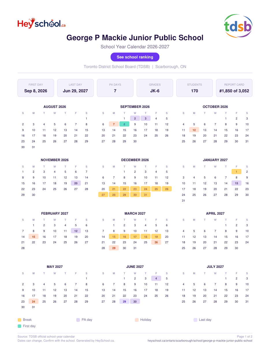 George P Mackie Junior Public School School Year Calendar 2026-2027