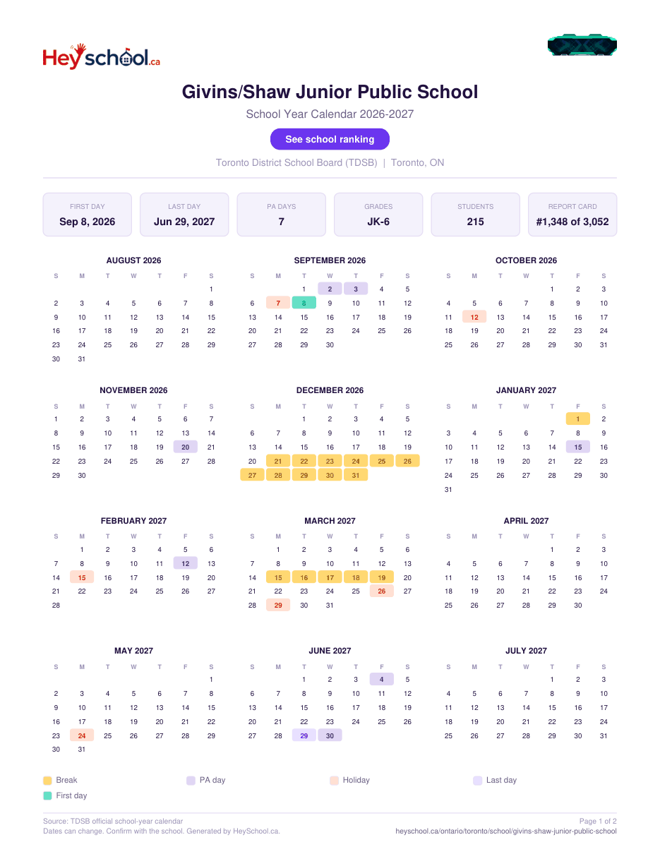Givins/Shaw Junior Public School School Year Calendar 2026-2027