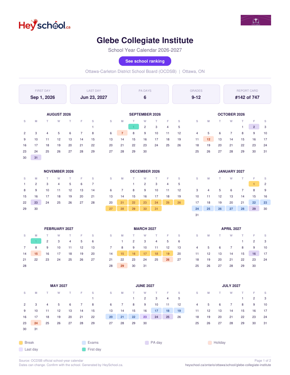 Glebe Collegiate Institute School Year Calendar 2026-2027