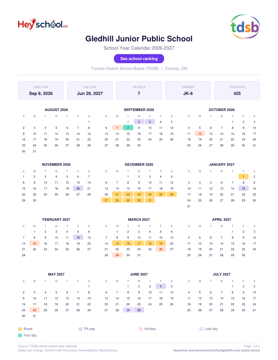Gledhill Junior Public School School Year Calendar 2026-2027